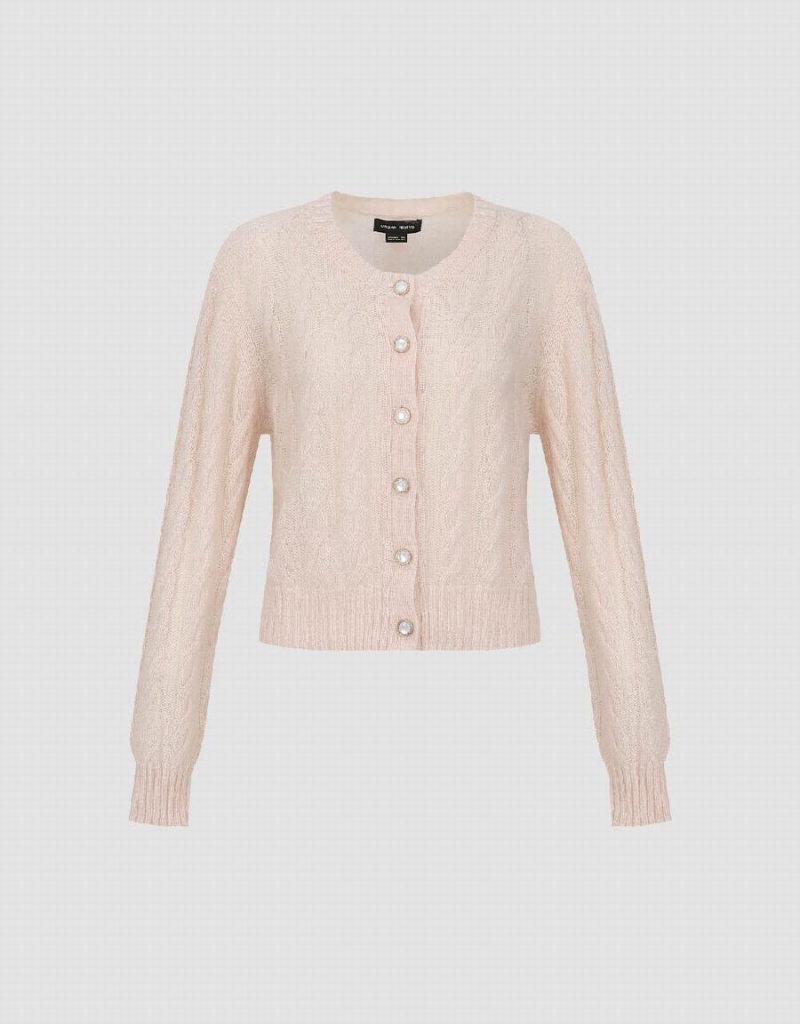 Women's Urban Revivo Crew Neck Knitted Cardigan Pink | CTK3575CW