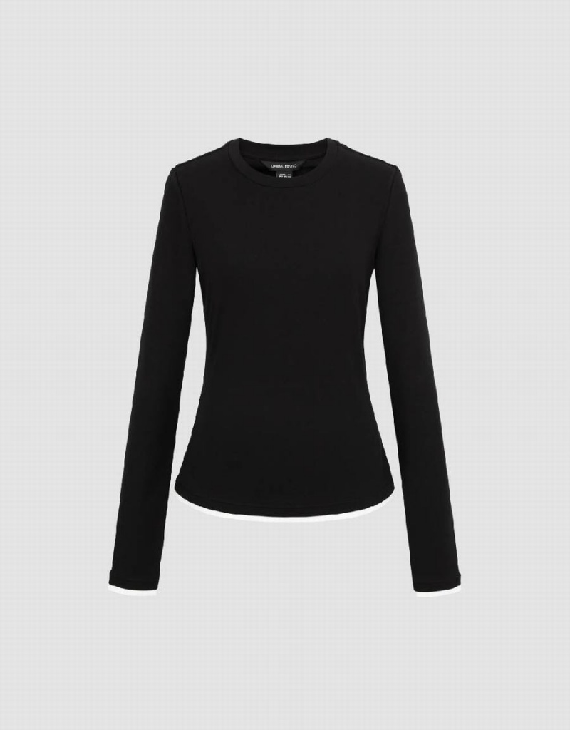 Women's Urban Revivo Crew Neck Knitted Skinny T Shirts Black | PNW8212CF