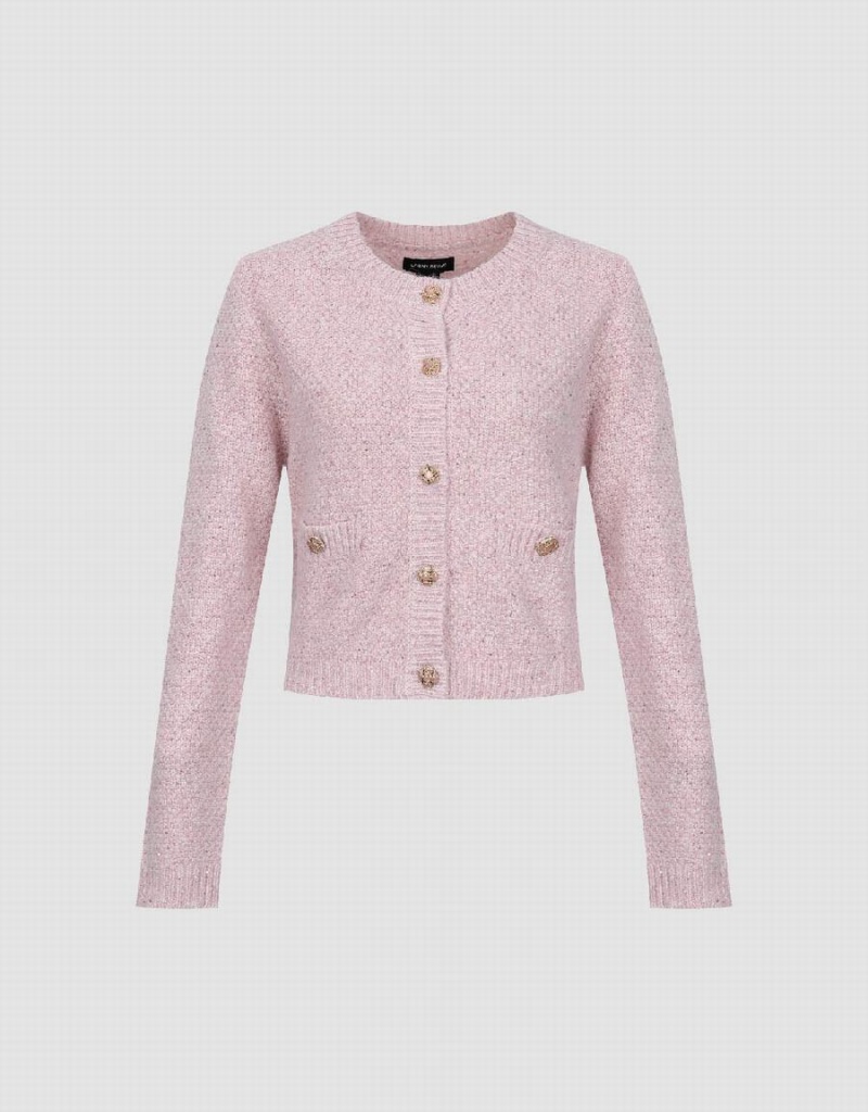 Women's Urban Revivo Crew Neck Knitted With Fake Pockets Cardigan Pink | XUX5424BU