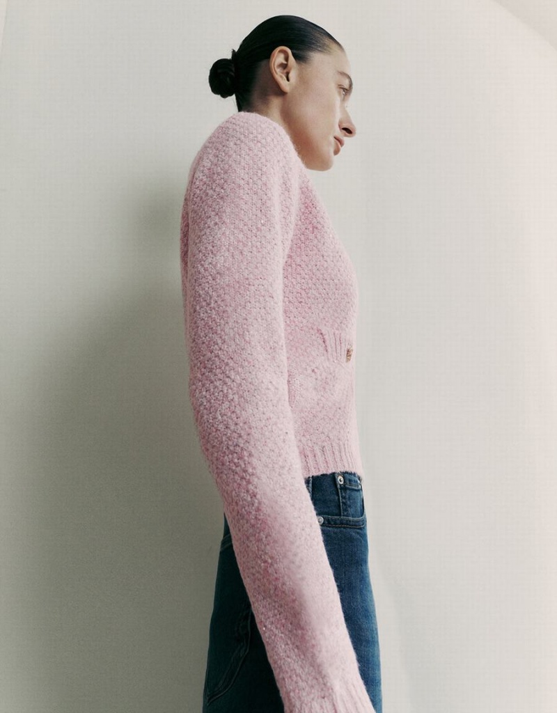 Women's Urban Revivo Crew Neck Knitted With Fake Pockets Cardigan Pink | XUX5424BU