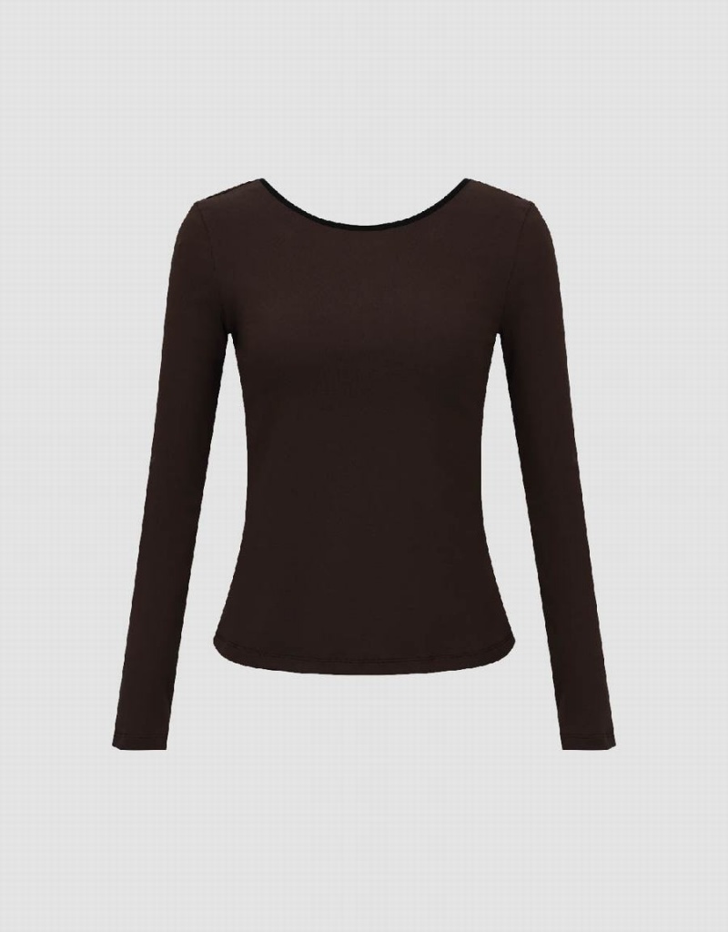 Women's Urban Revivo Crew Neck Skinny Knitted T Shirts Dark Brown | PFC5231AI