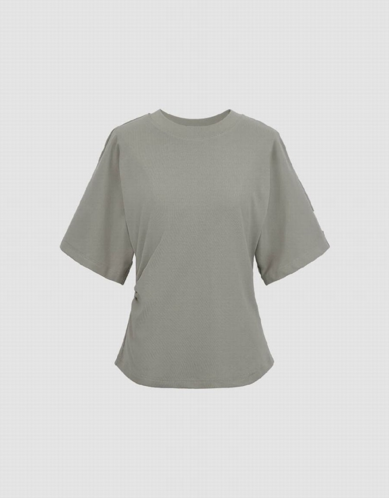 Women's Urban Revivo Crew Neck Skinny T Shirts Khaki Grey | ELS8029CK