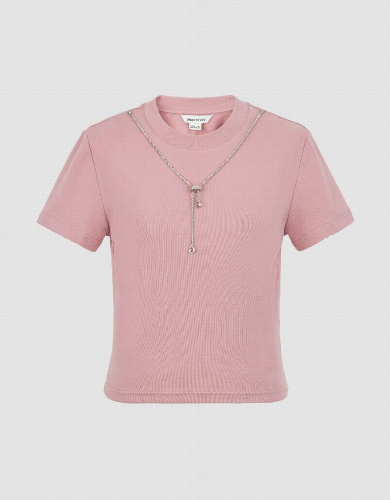 Women's Urban Revivo Crew Neck Skinny With Necklace T Shirts Pink | MDO7889BX