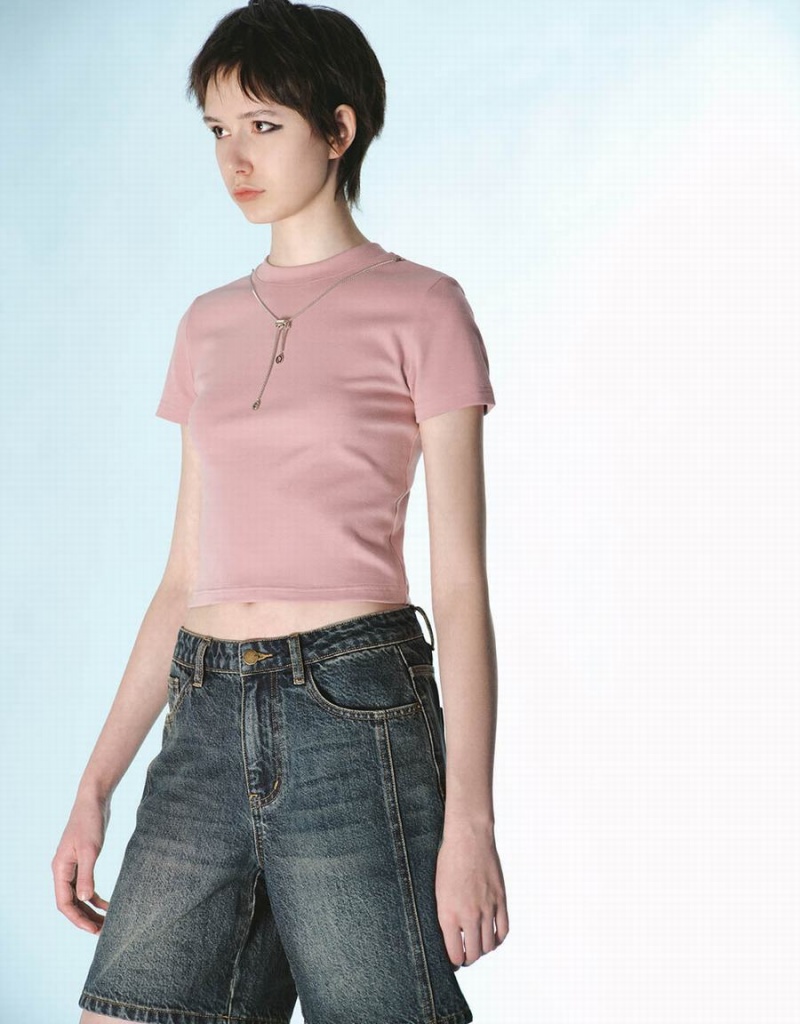 Women's Urban Revivo Crew Neck Skinny With Necklace T Shirts Pink | MDO7889BX