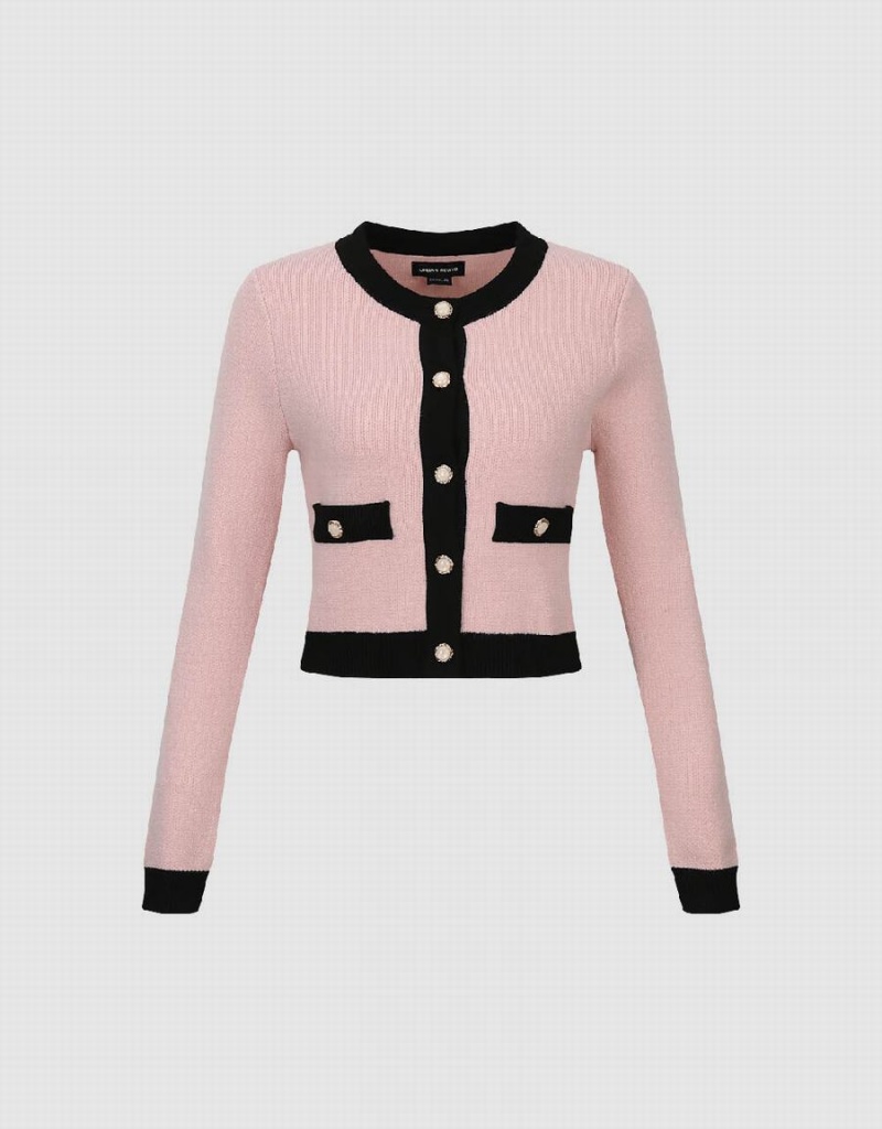 Women's Urban Revivo Crew Neck Straight Knitted Cardigan Pink | VGF4831OT