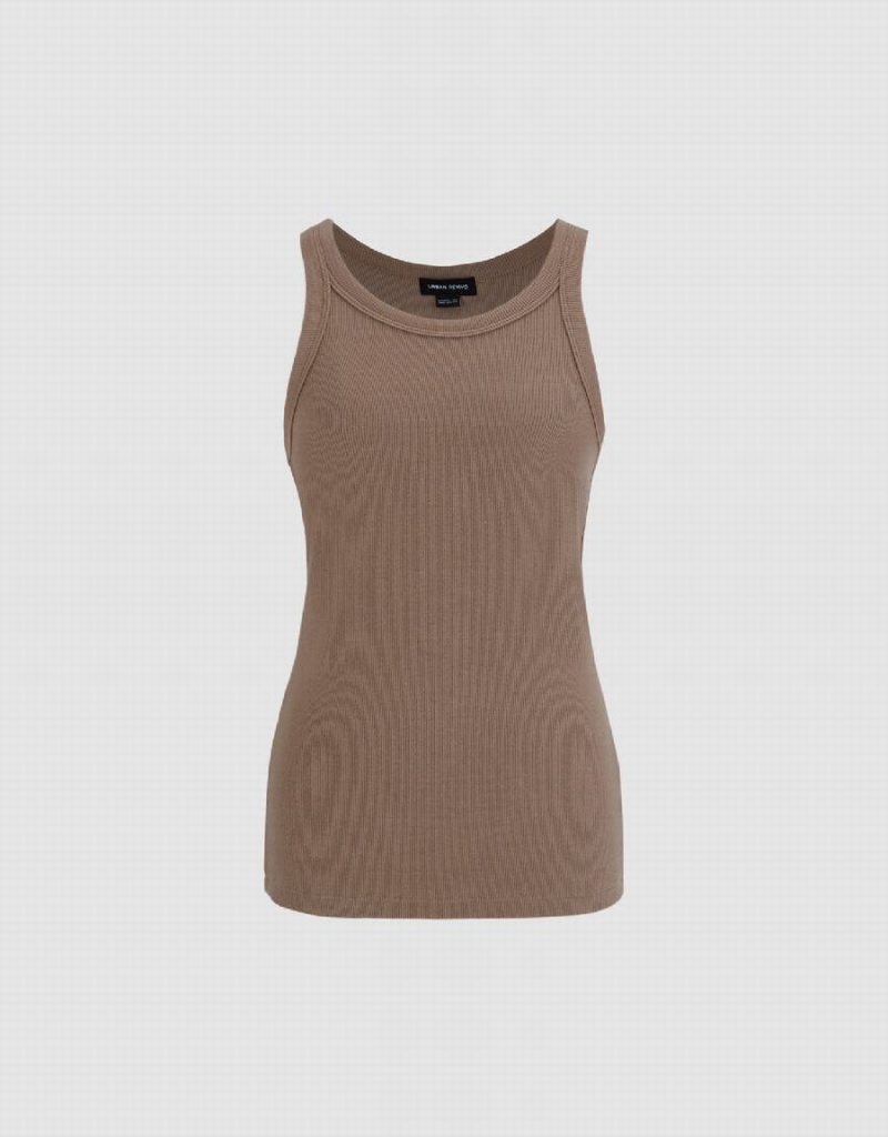 Women's Urban Revivo Crew Neck Straight Tank Top Brown | QCN1941GW