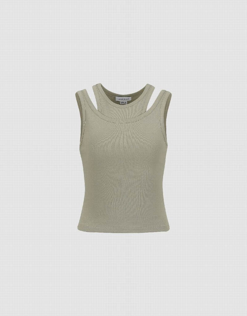 Women's Urban Revivo Crew Neck Tank Top Khaki | DEQ8952PT