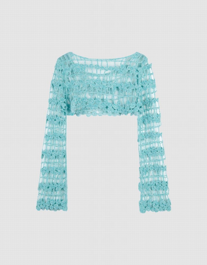 Women's Urban Revivo Crochet Knitted Cardigan Blue | WXL7899YX