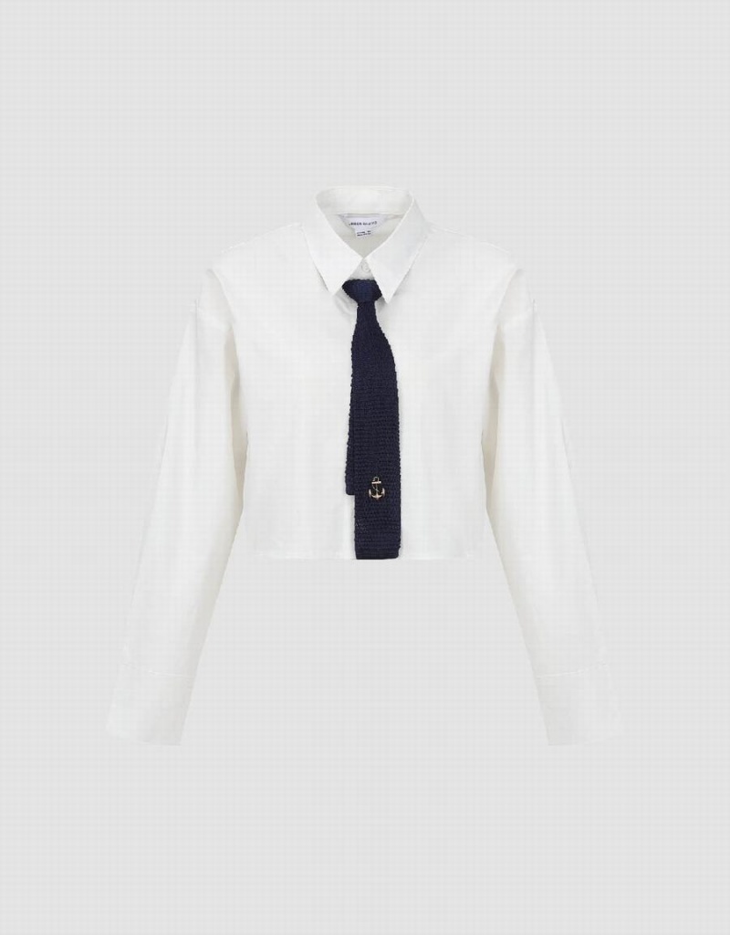 Women's Urban Revivo Cropped Straight With Tie Shirts White | EAH7774NT