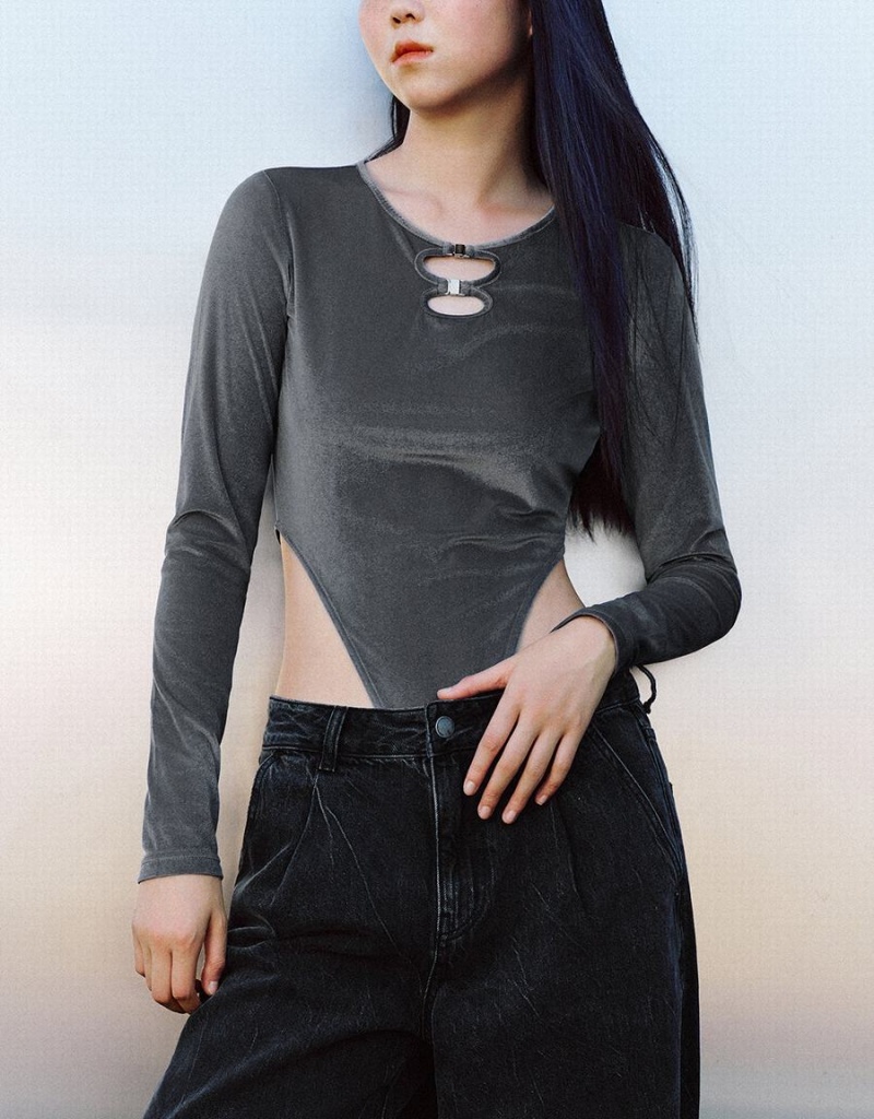 Women's Urban Revivo Cut-Out Crew Neck Skinny T Shirts Light Grey | MCN1865JB