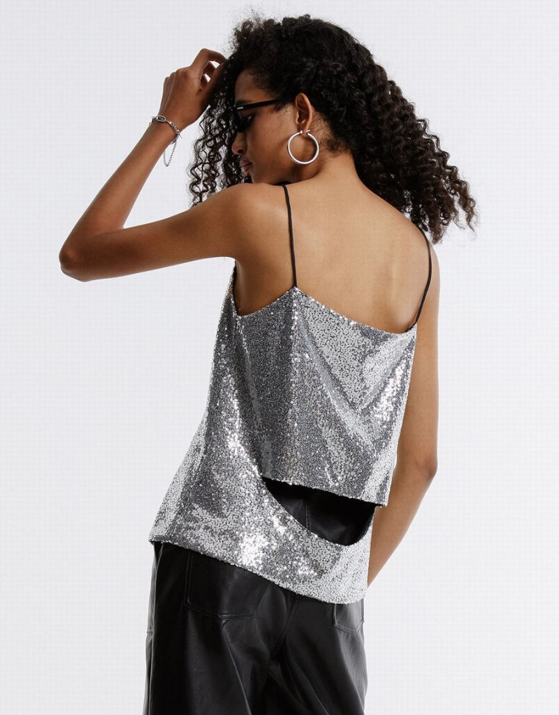 Women's Urban Revivo Cut Out Back Sequin Camisole Tank Top Silver | JDF2051UF