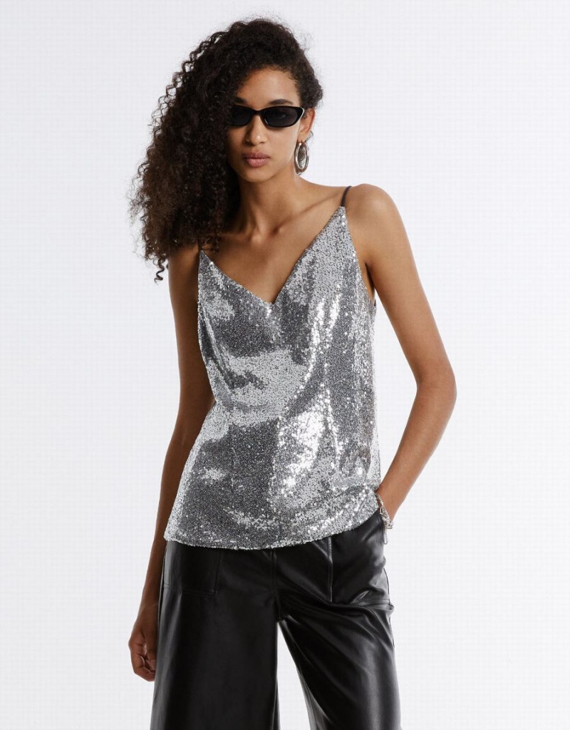 Women\'s Urban Revivo Cut Out Back Sequin Camisole Tank Top Silver | JDF2051UF