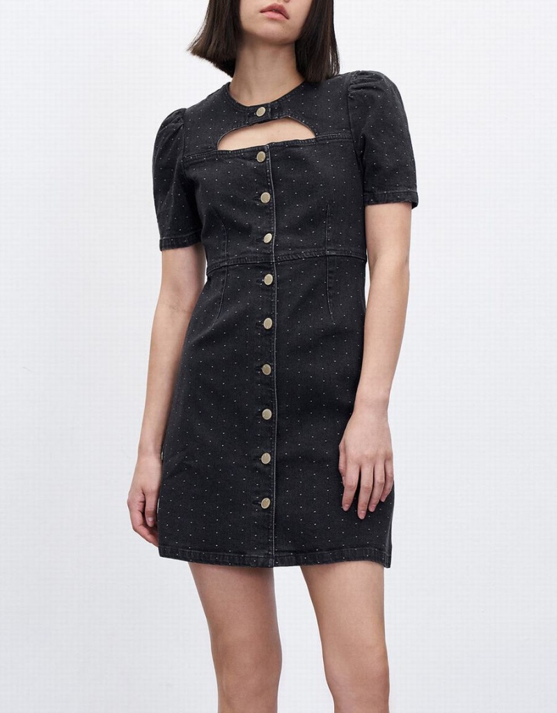 Women's Urban Revivo Cut Out Polka Dot Button Front Denim Dress Black | OKE8324MP