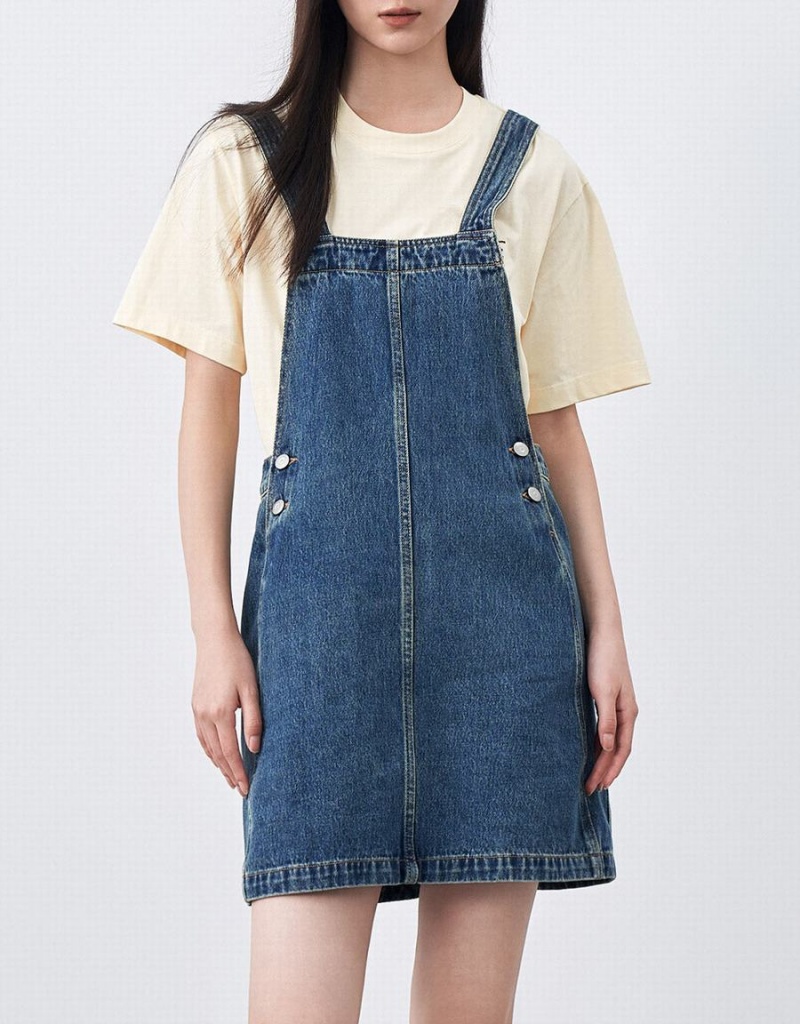 Women's Urban Revivo Denim Pinafore Dress Blue | ZKH9111SF