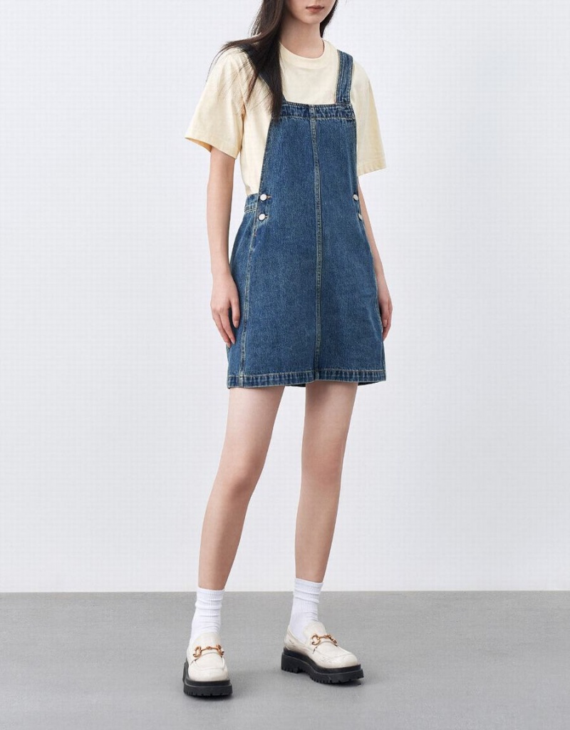 Women's Urban Revivo Denim Pinafore Dress Blue | ZKH9111SF