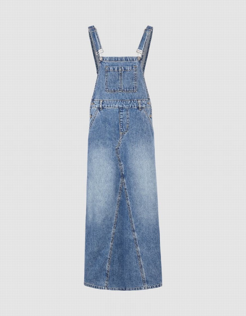 Women's Urban Revivo Denim Pinafore Dress Blue | JAT3610ZE