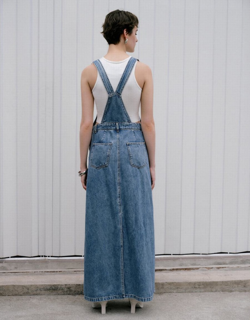 Women's Urban Revivo Denim Pinafore Dress Blue | JAT3610ZE