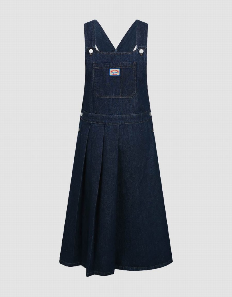 Women's Urban Revivo Denim Pinafore Dress Blue | QVZ8686CJ