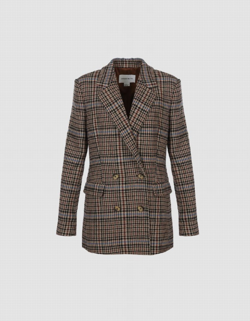 Women's Urban Revivo Double Breasted Plaid Blazers Brown | MEO5048PH