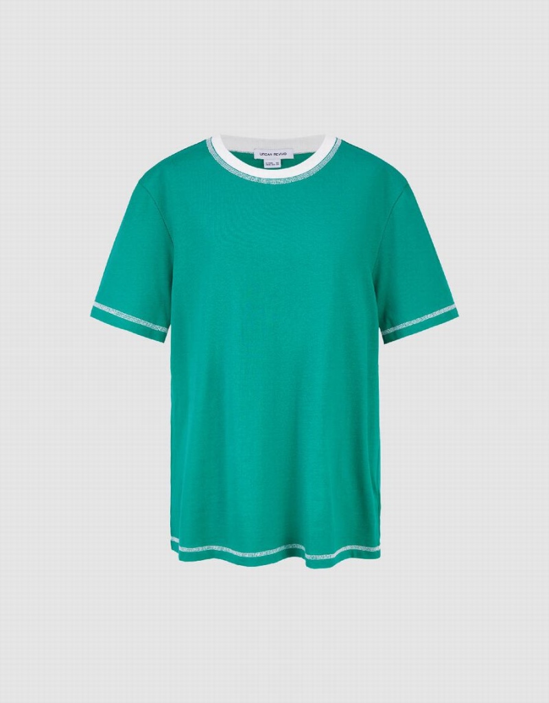 Women's Urban Revivo Drop Shoulder Sleeve Crew Neck T Shirts Green | YFN9782SI