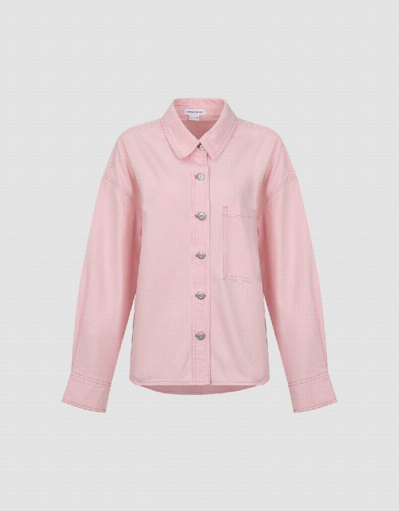 Women's Urban Revivo Drop Shoulder Sleeve Denim Shirts Pink | XIU8970PF