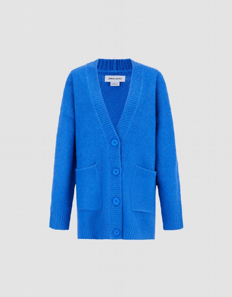 Women's Urban Revivo Drop Shoulder Sleeve V-Neck Knitted Cardigan Blue | UQO8336AS