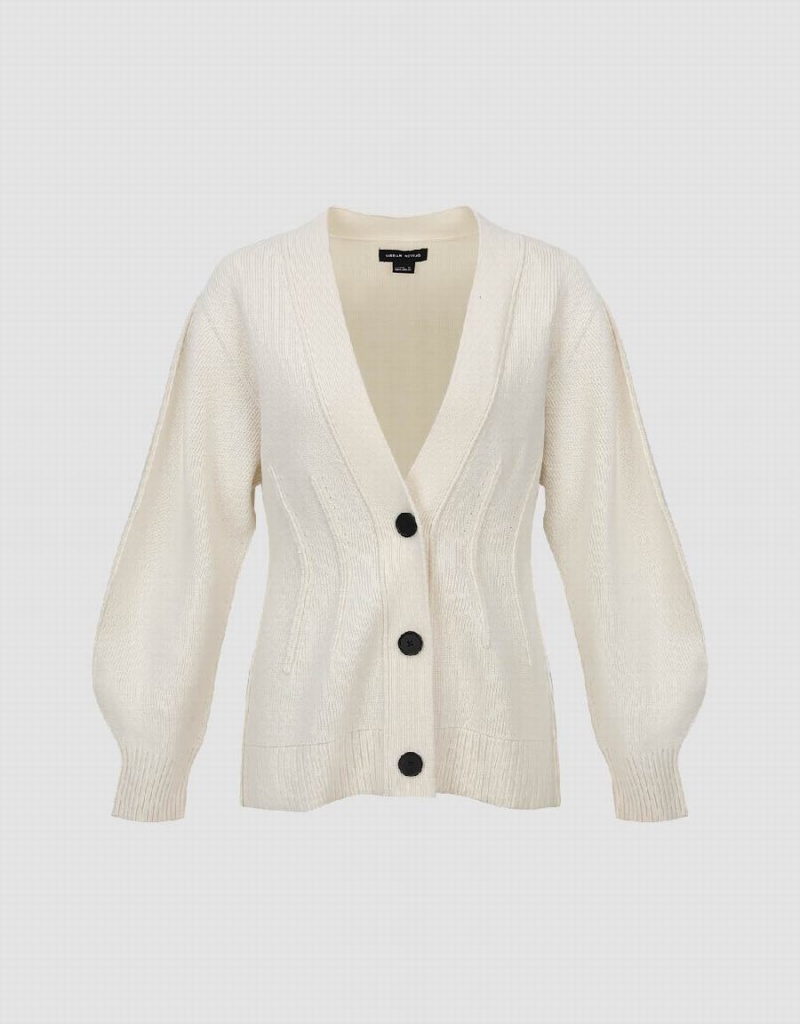 Women's Urban Revivo Drop Shoulder Sleeve V-Neck Knitted Cardigan White | WIT349XX