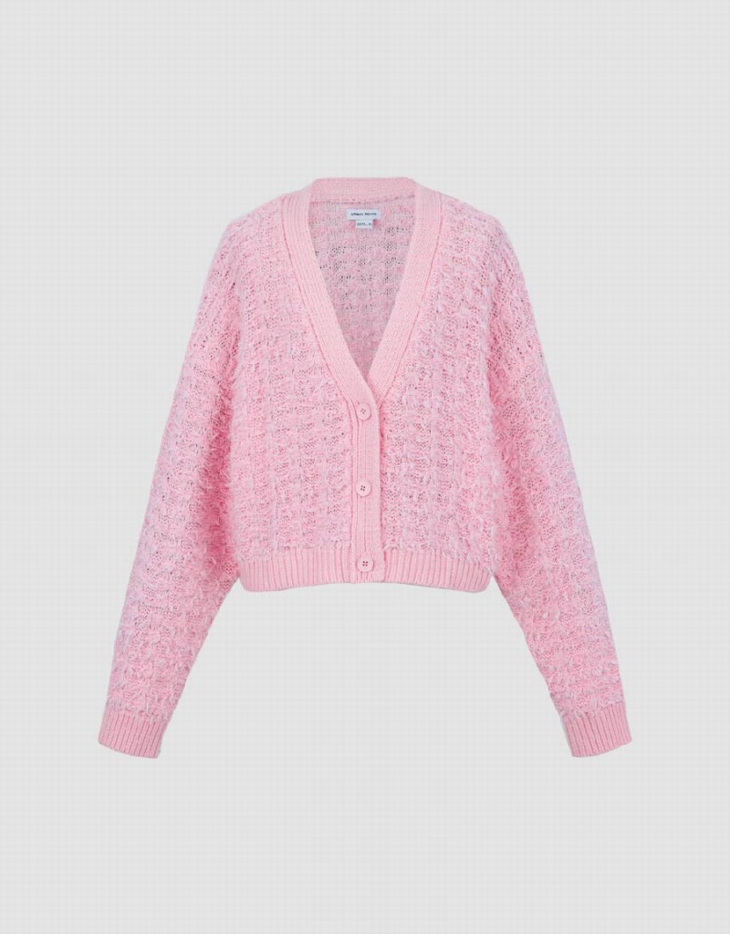 Women's Urban Revivo Drop Shoulder Sleeve V-Neck Knitted Cardigan Pink | AYM7694DN