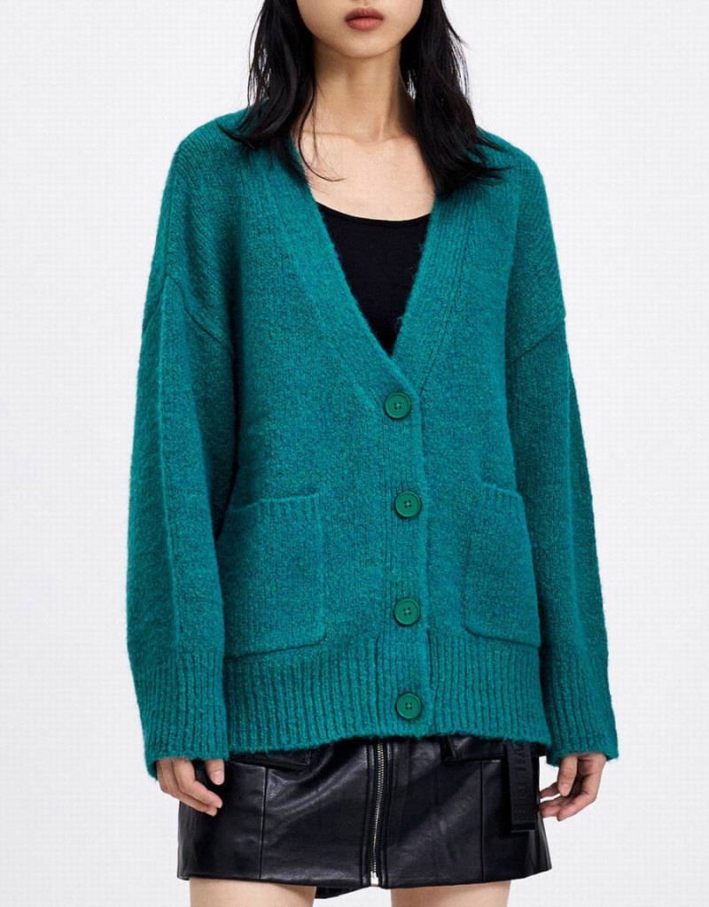 Women's Urban Revivo Drop Shoulder Patched Pocket Button Up Cardigan Green | GGU9278NA