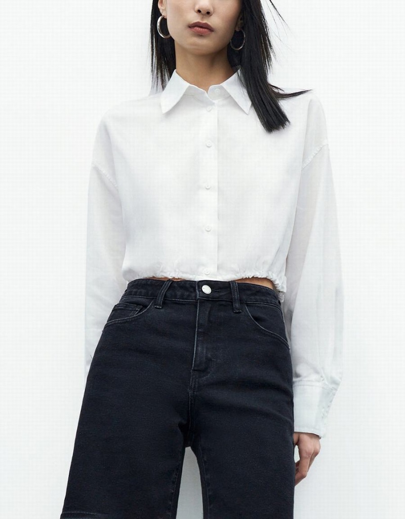 Women's Urban Revivo Elastic Hem Cropped Balloon Shirts White | FFK7938HK