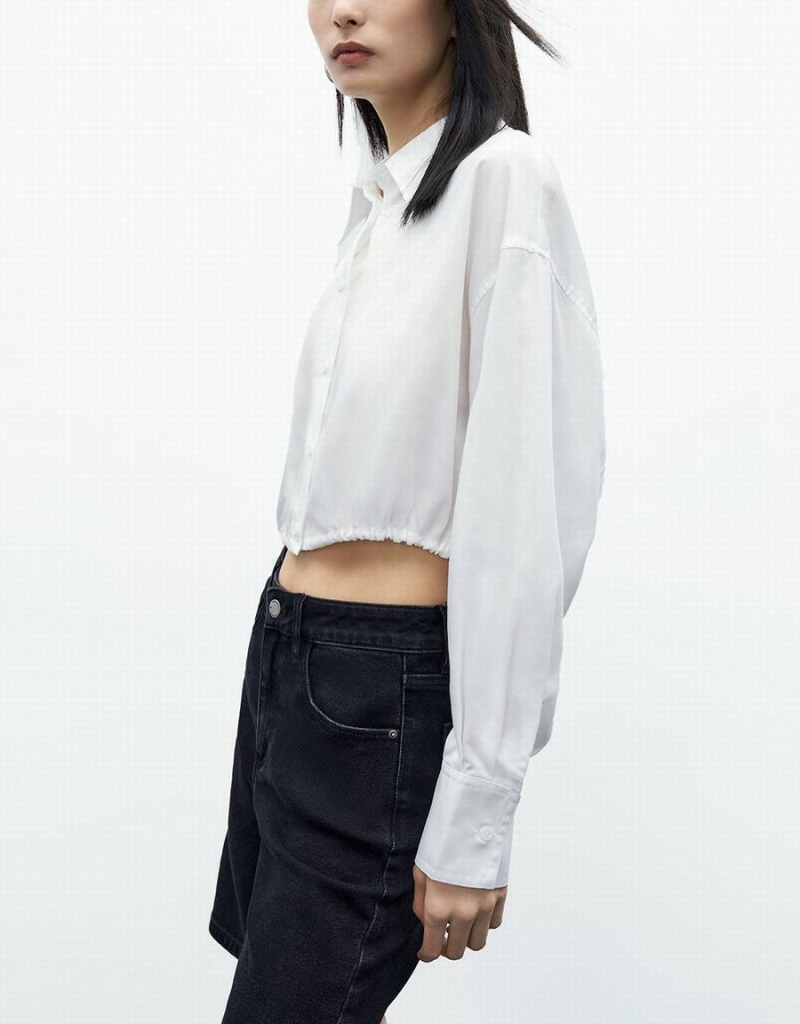 Women's Urban Revivo Elastic Hem Cropped Balloon Shirts White | FFK7938HK