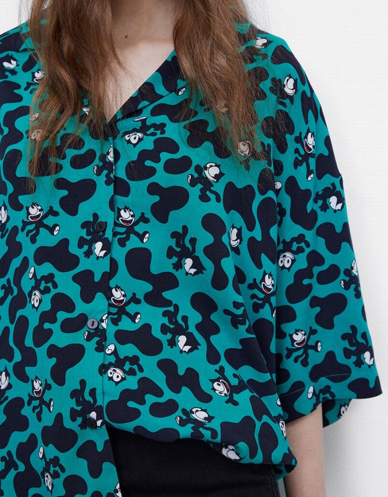 Women's Urban Revivo Felix The Cat Allover Print Shirts Green | GIW4936PM