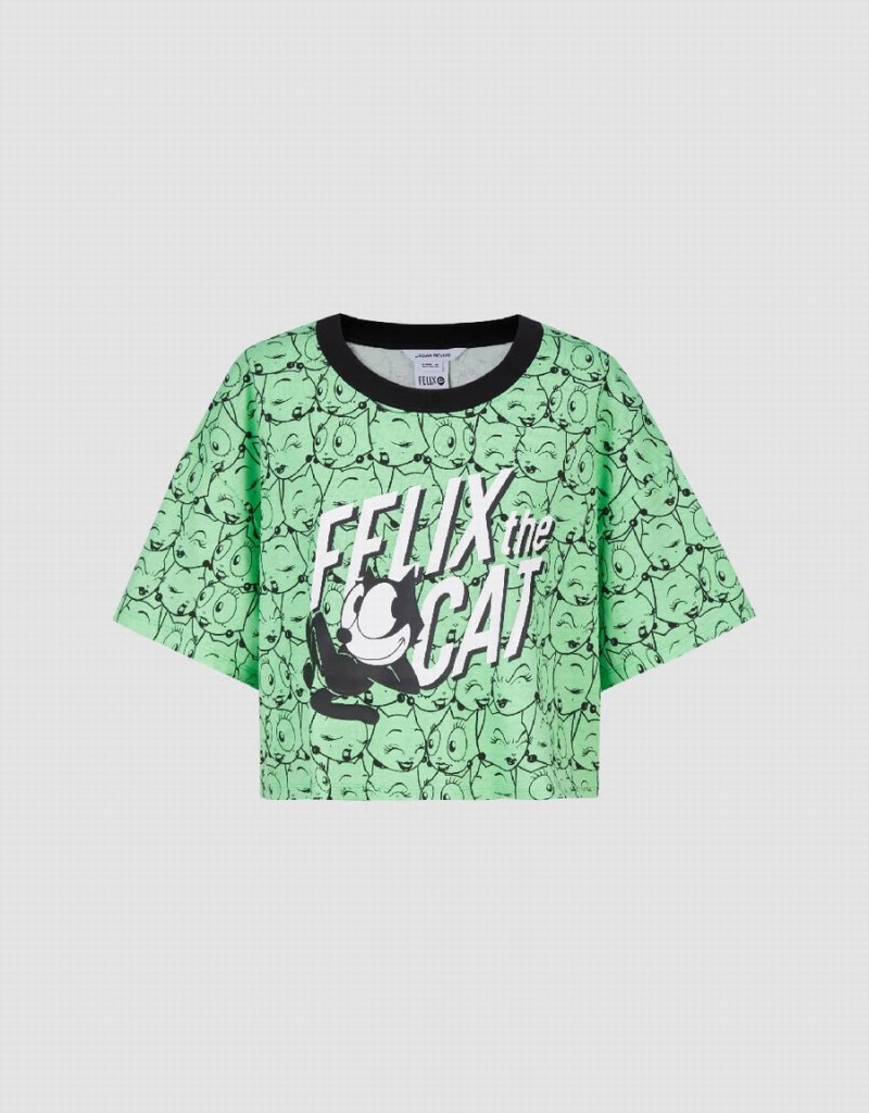 Women's Urban Revivo Felix The Cat Printed Crew Neck T Shirts Green | JXQ667UI