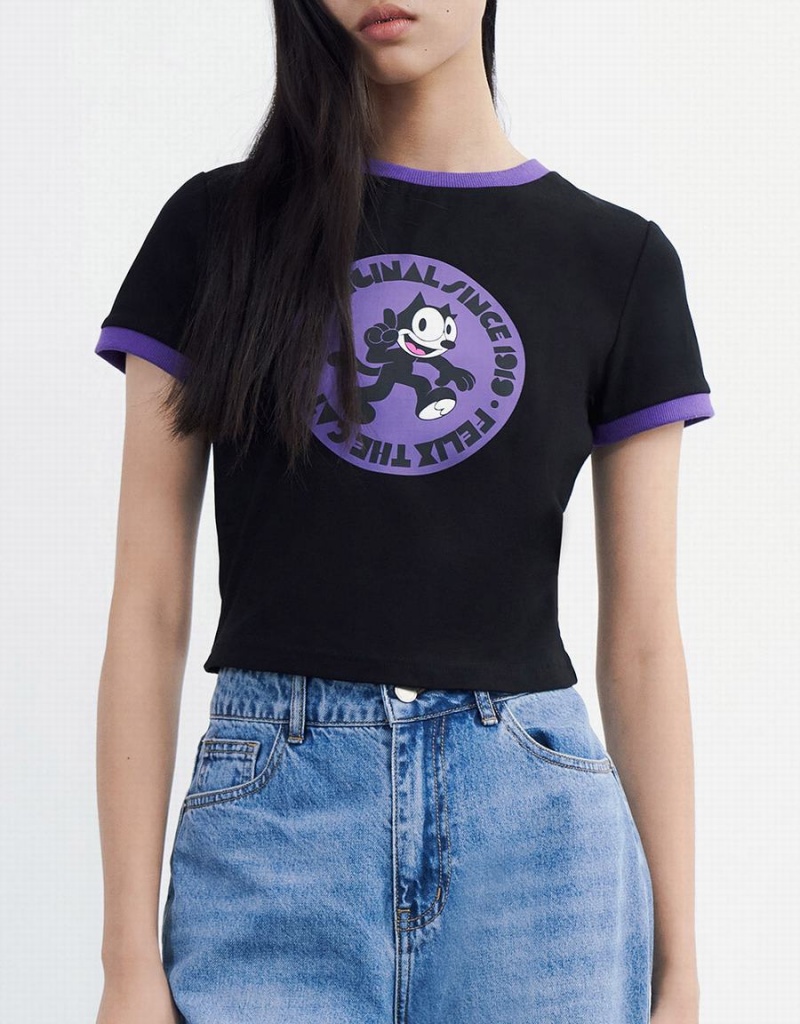 Women's Urban Revivo Felix The Cat T Shirts Black | ZFS9939VR