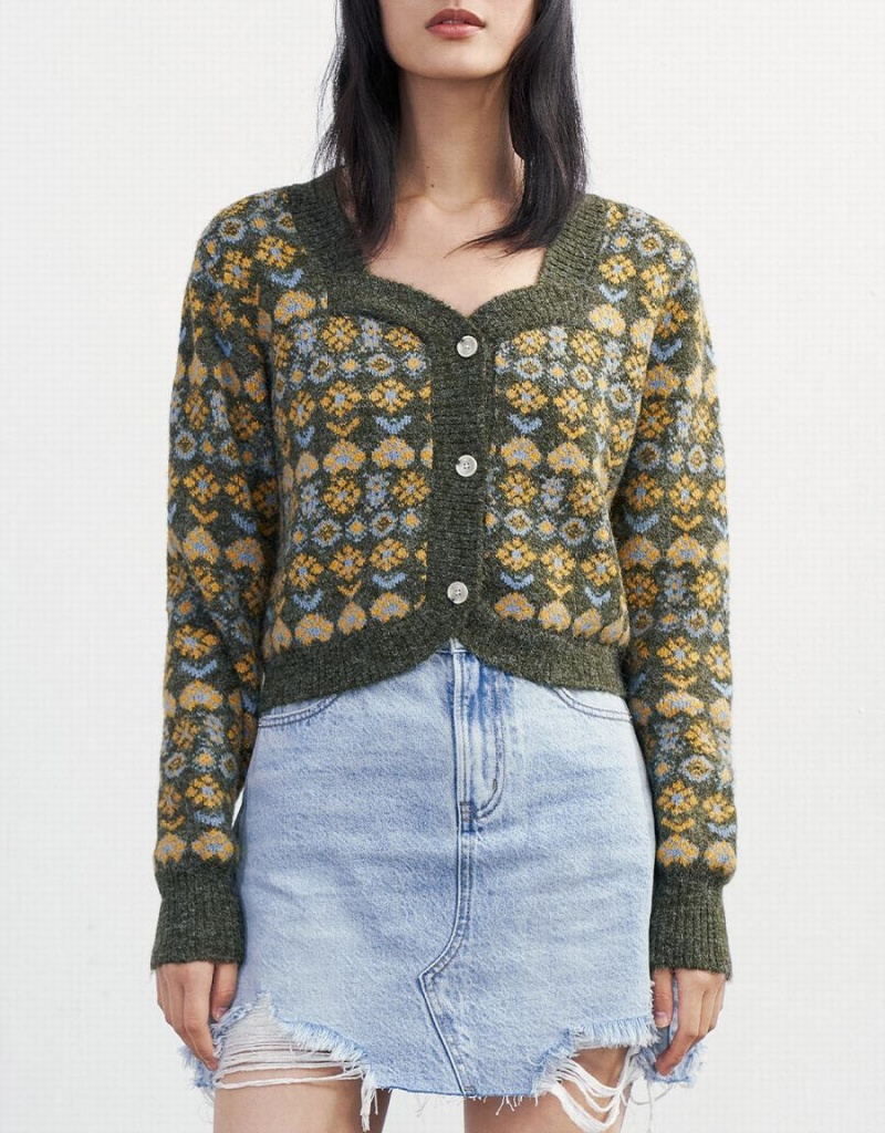 Women's Urban Revivo Floral Button Up Cardigan Green | UIG660HR