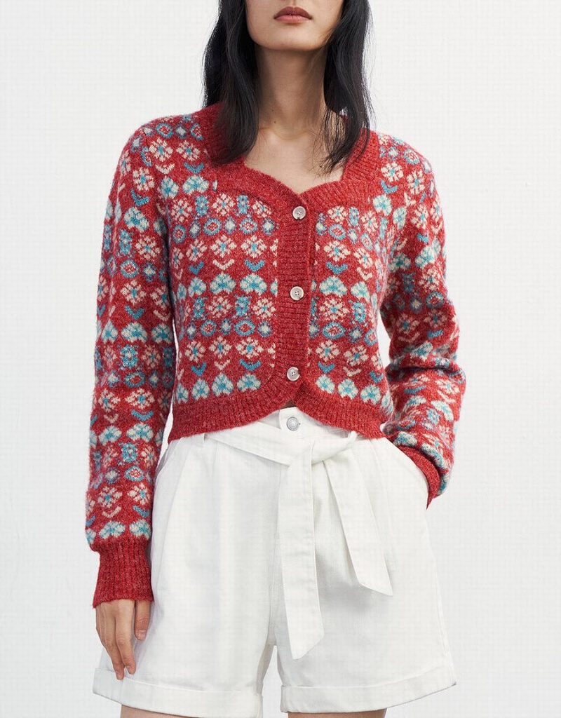 Women's Urban Revivo Floral Button Up Cardigan Red | TBE459MK