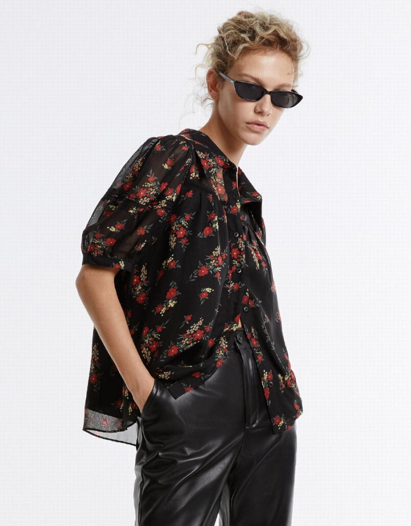 Women's Urban Revivo Floral Button Up Shirts Black Red | OVT10024NL