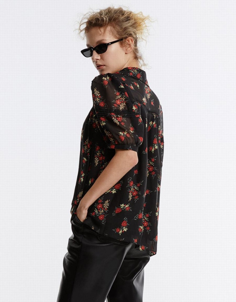 Women's Urban Revivo Floral Button Up Shirts Black Red | OVT10024NL