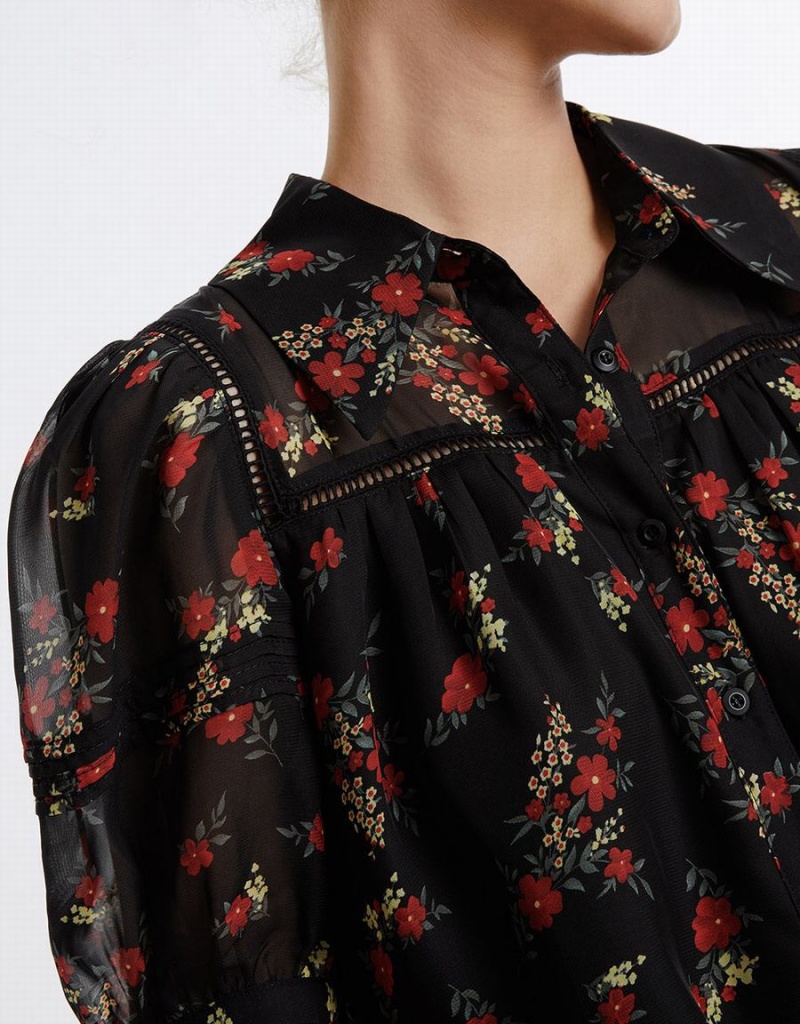 Women's Urban Revivo Floral Button Up Shirts Black Red | OVT10024NL