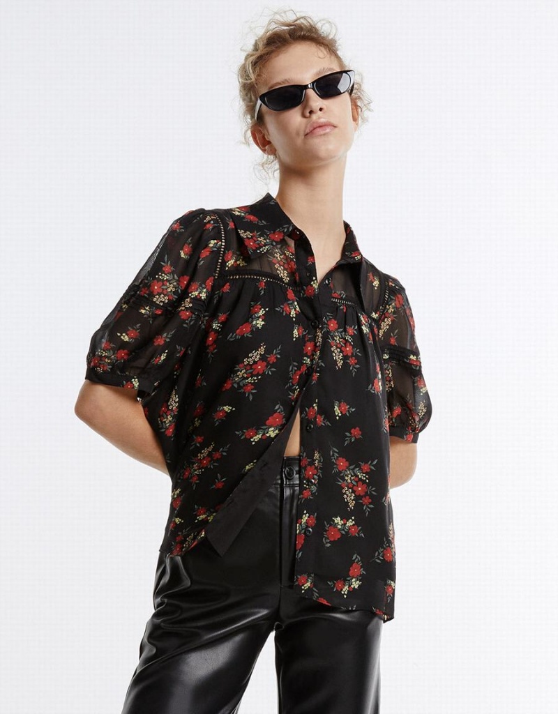 Women\'s Urban Revivo Floral Button Up Shirts Black Red | OVT10024NL