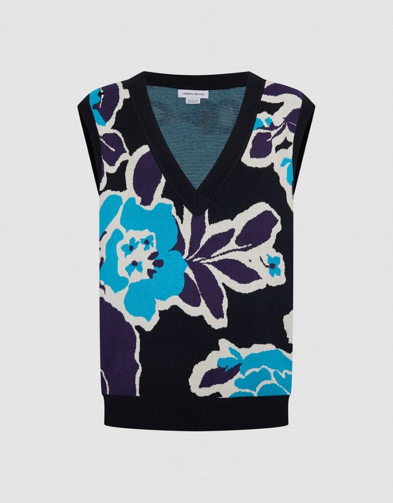 Women\'s Urban Revivo Floral Jacquard Sweaters Blue Black | QYR6874MZ