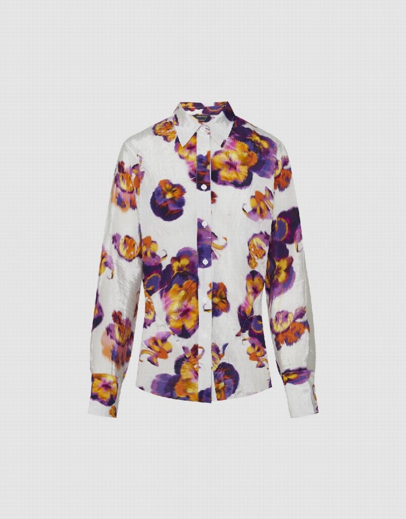 Women's Urban Revivo Flower Printed Button Up Shirts Purple | GFU1922KG