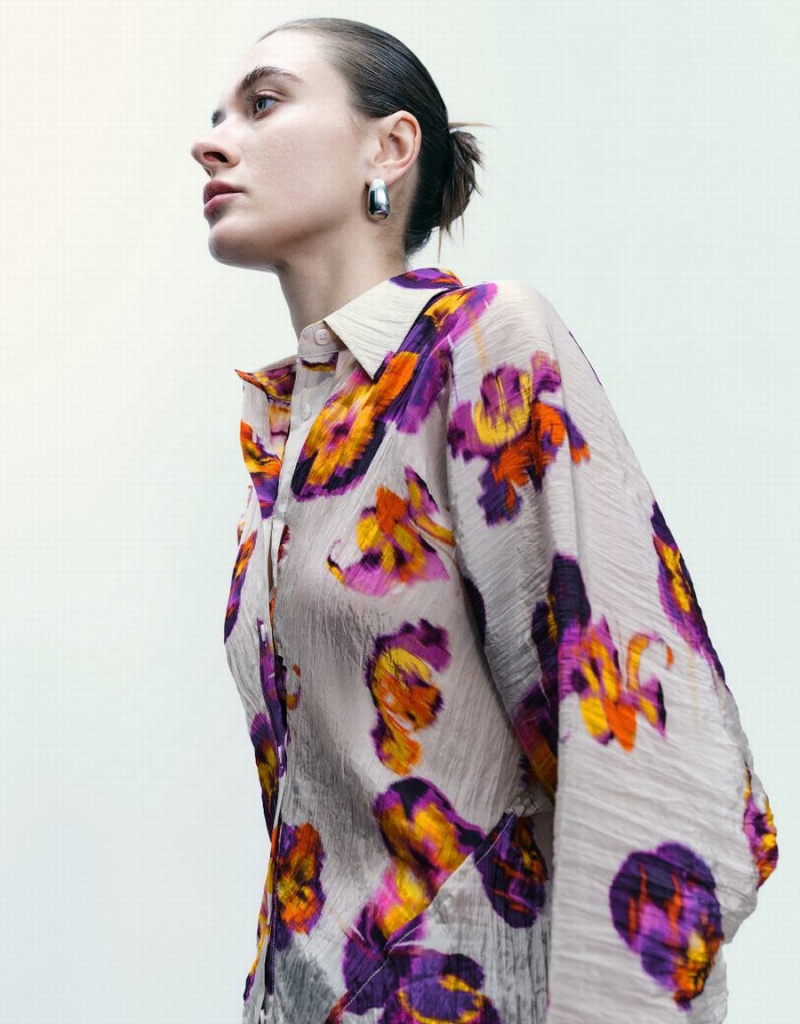 Women's Urban Revivo Flower Printed Button Up Shirts Purple | GFU1922KG