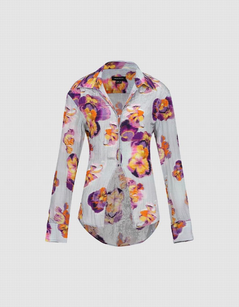 Women's Urban Revivo Flower Printed Shirts Blue | WSH4586NJ