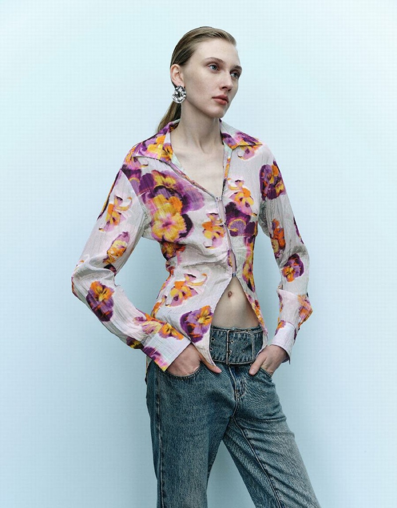 Women's Urban Revivo Flower Printed Shirts Blue | WSH4586NJ