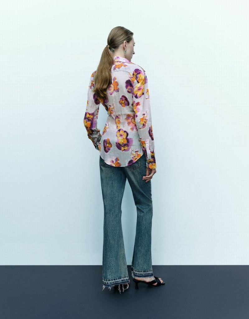 Women's Urban Revivo Flower Printed Shirts Blue | WSH4586NJ