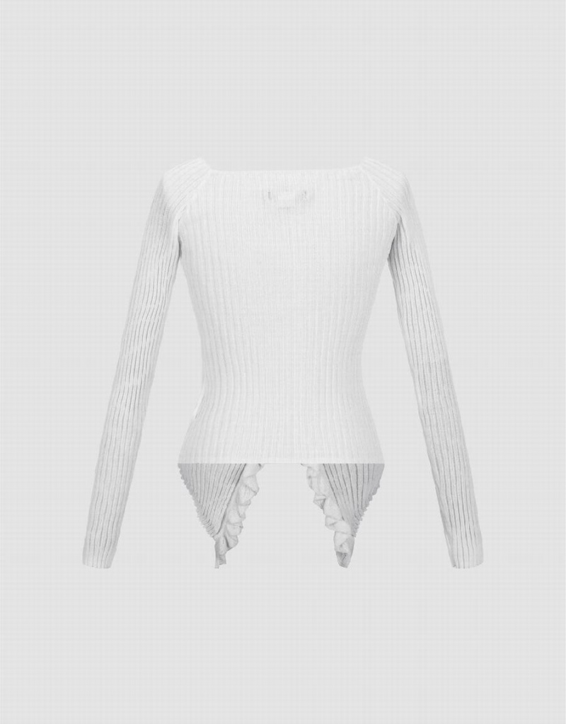 Women's Urban Revivo Frill Trim Knitted Cardigan White | OQE5362SR