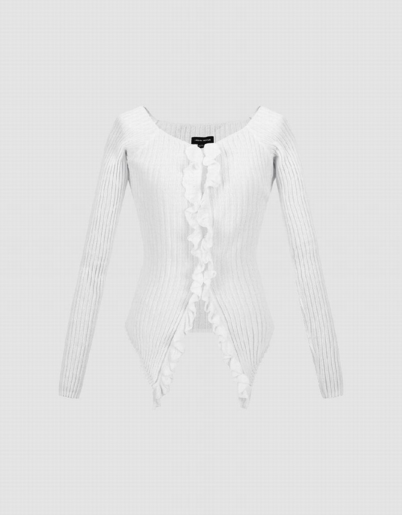 Women's Urban Revivo Frill Trim Knitted Cardigan White | OQE5362SR