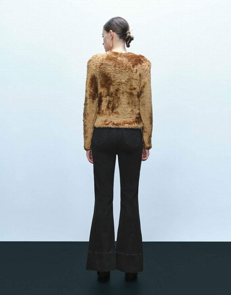 Women's Urban Revivo Furry Crew Neck Knitted Cardigan Gold | RGO3035WZ