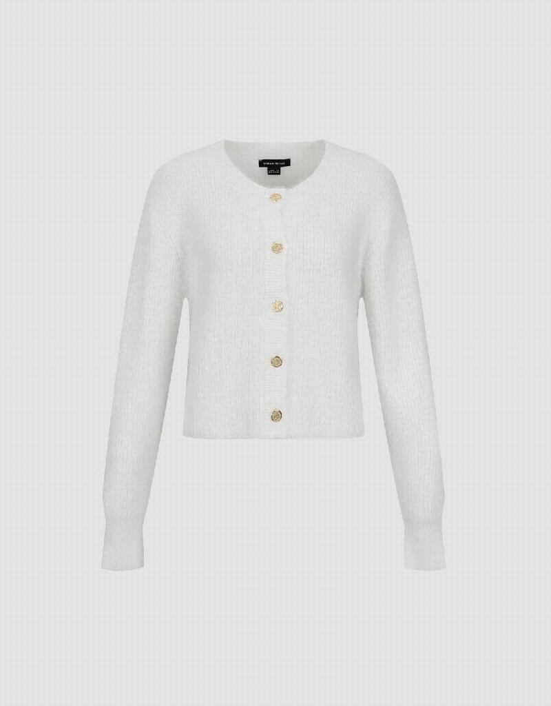 Women's Urban Revivo Furry Crew Neck Knitted Cardigan White | ZWF5220KZ